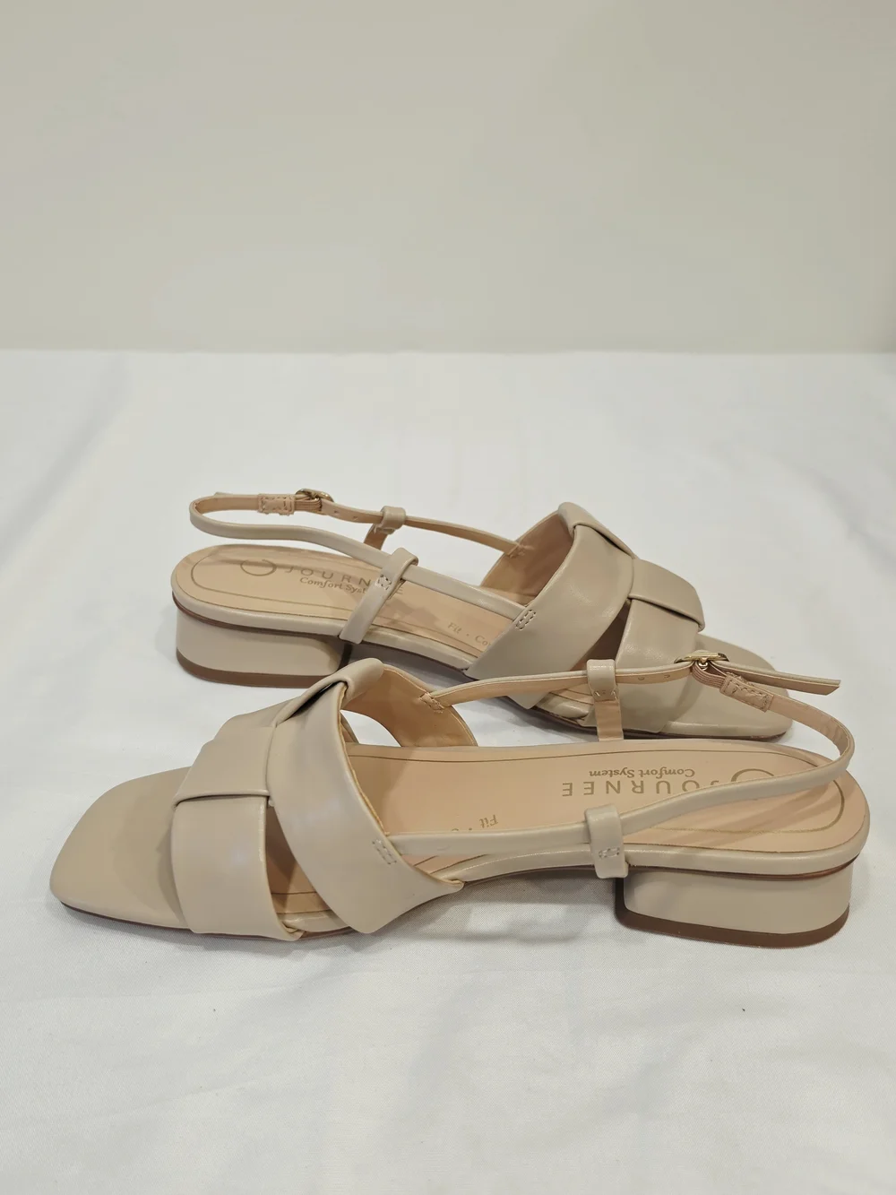 Journee Collection Tabatha Nude Woven T-Strap Low Block Heel Sandals US Size 7.5